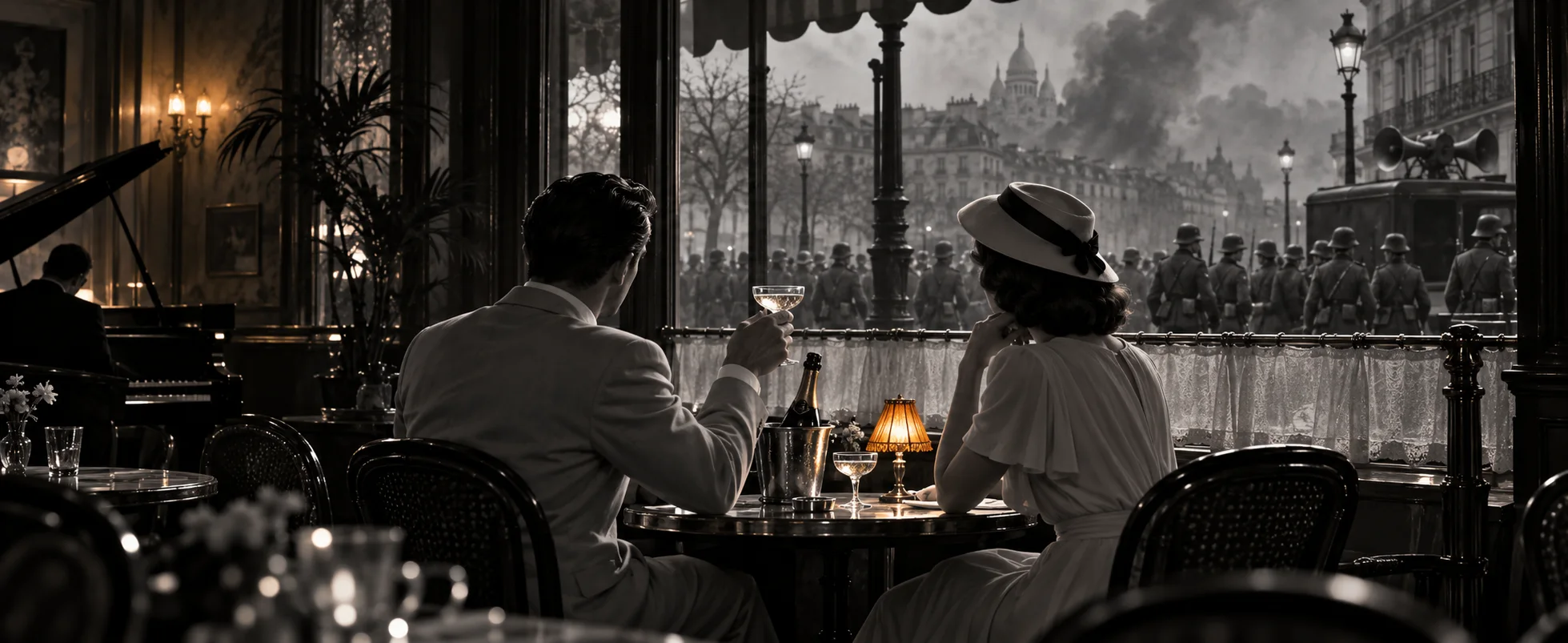 In black and white, a man raises a champagne glass to a woman in a white hat at a Paris cafe window as soldiers march past outside.