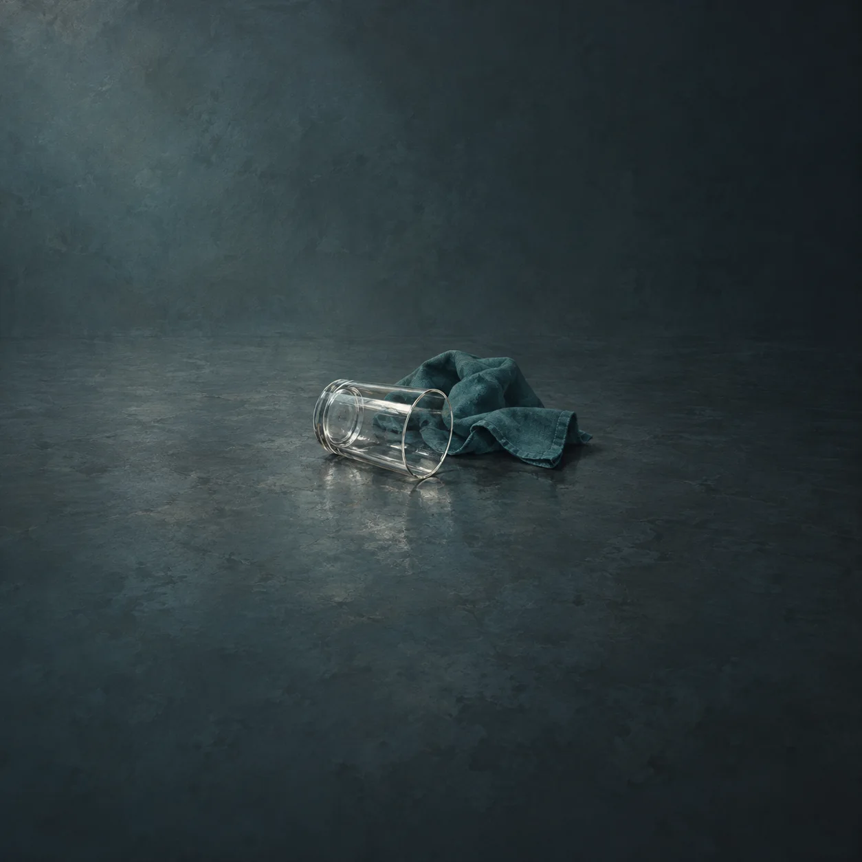 Painterly clear drinking glass lying on its side beside a crumpled teal cloth on a dark floor.