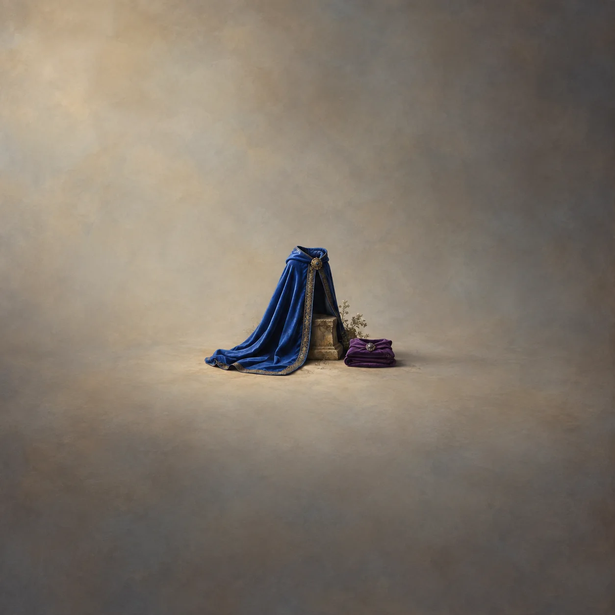 A long blue cape drapes over a small pedestal beside a neatly folded purple cloth against a muted gray background.