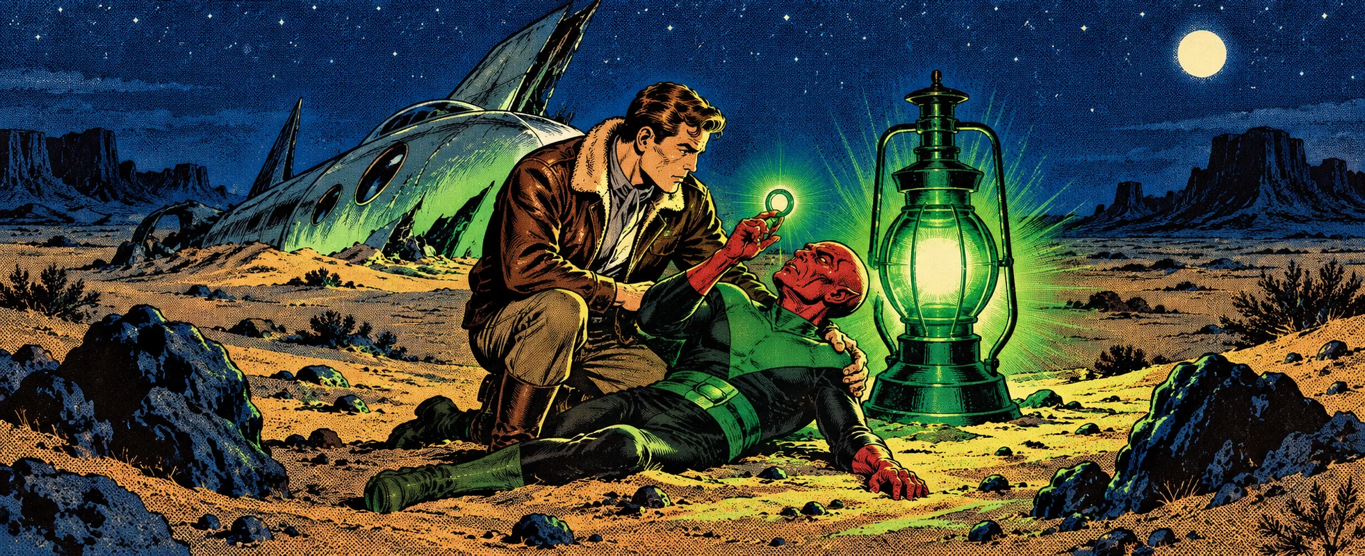 Silver Age comic illustration: in a desert at night beside a crashed alien ship, a test pilot in a leather jacket kneels by a dying red-skinned alien who hands him a glowing green ring, a green lantern blazing beside them.