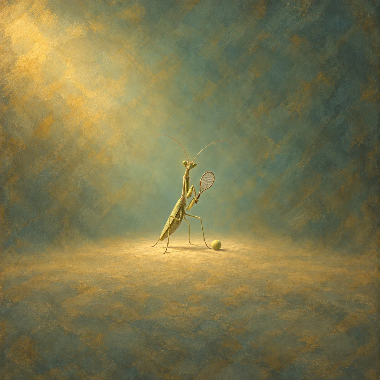 A tall, thin, gentle green mantis holding a tennis racket beside a pale ball, with complete long antennae and six legs in warm light against sage and teal.