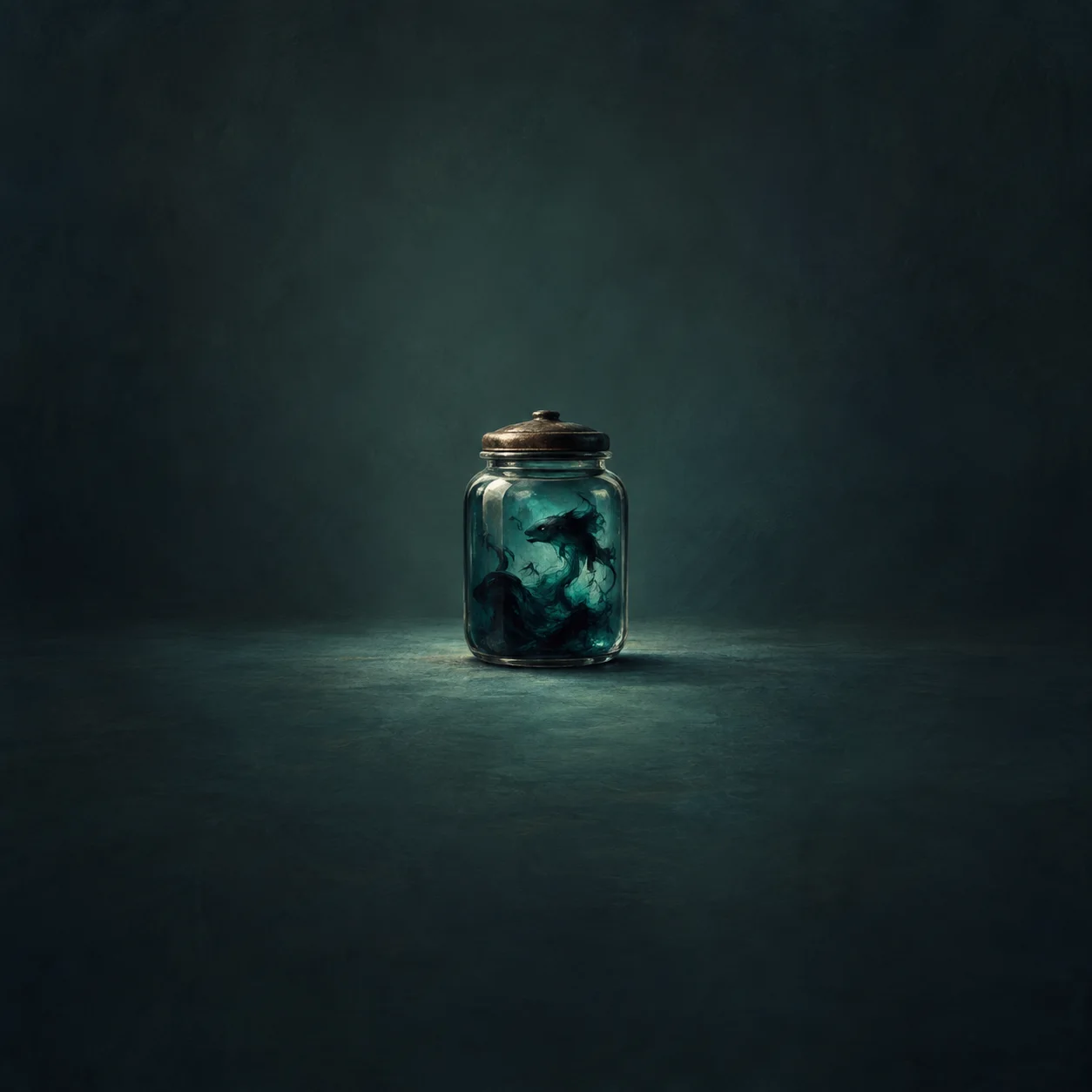 A lidded glass jar holds dark swirling blue ink-like shapes against deep teal.