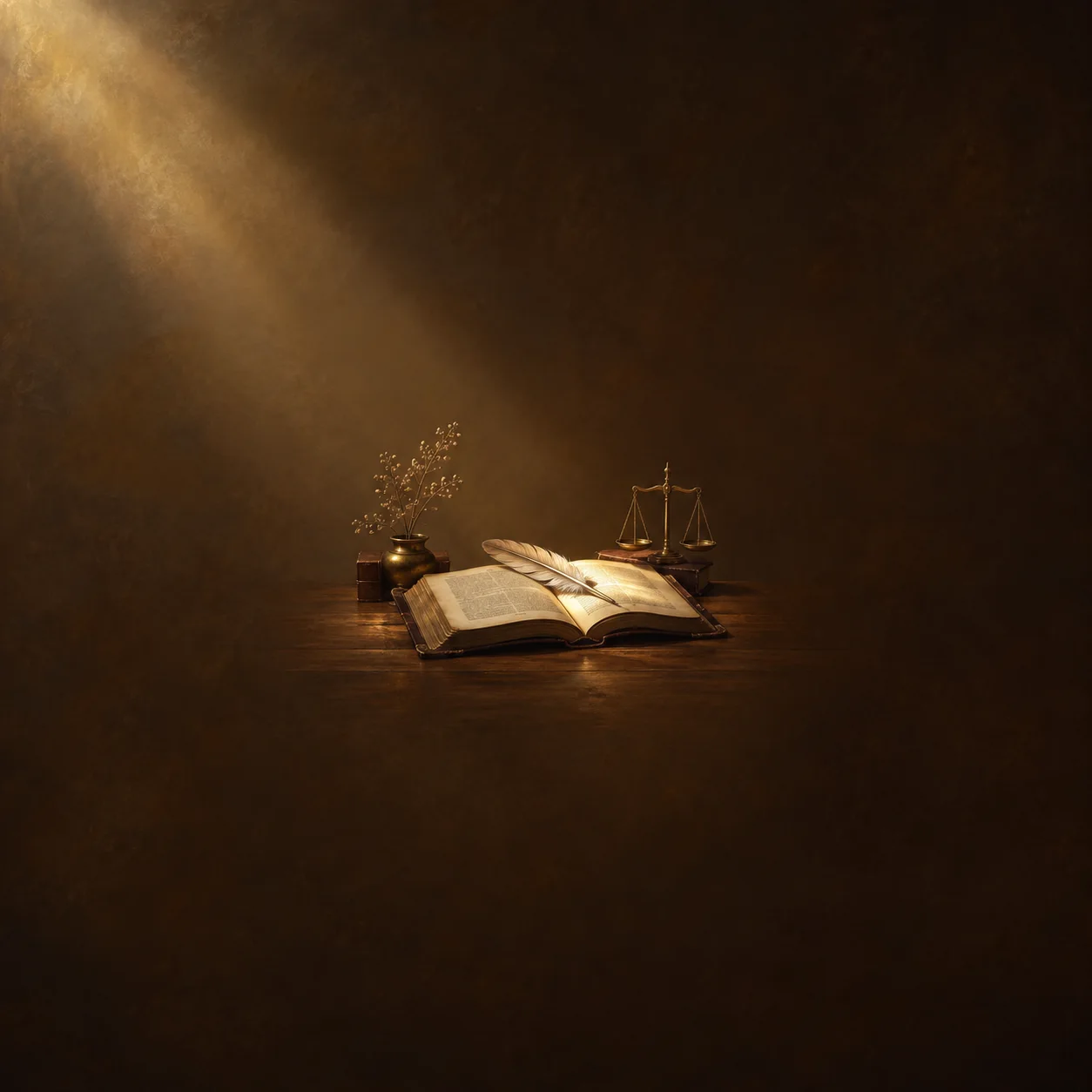 An open book and pale quill sit beside small brass scales and an ink pot beneath a golden beam of light.