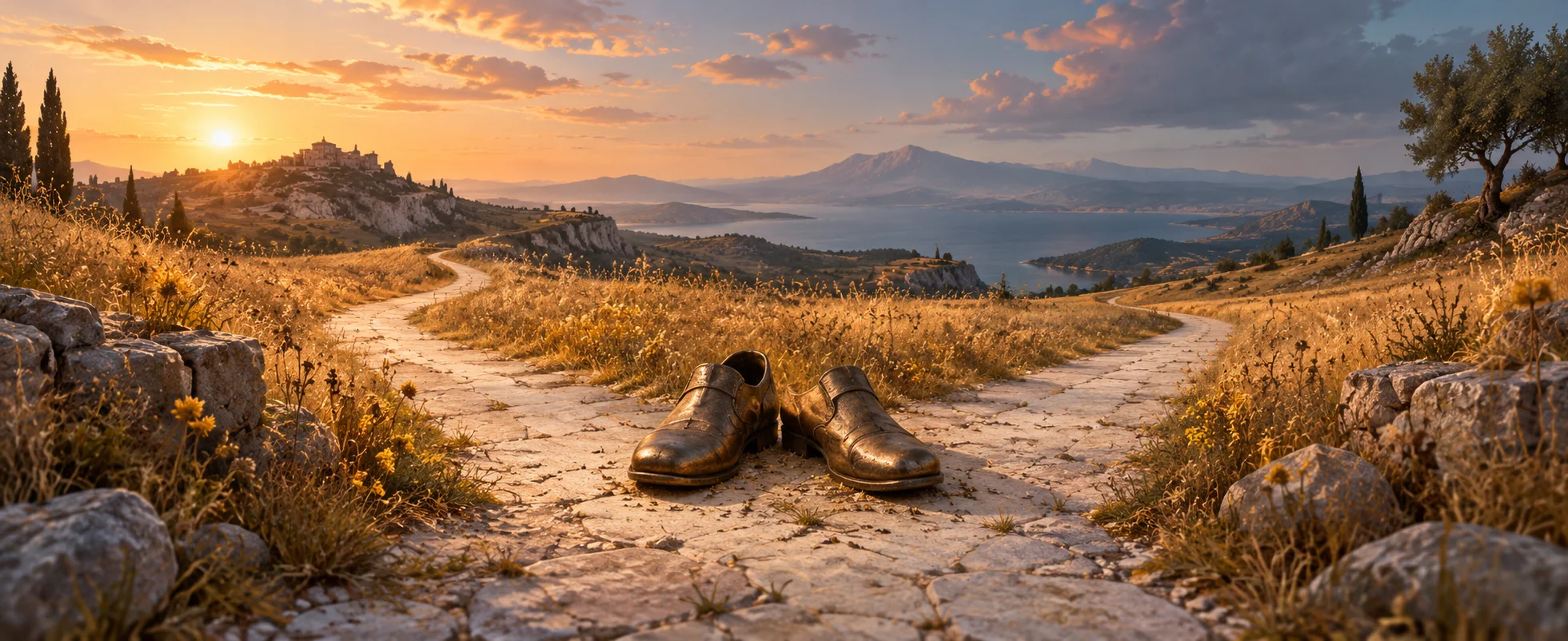 A pair of worn brown shoes rests at the fork of a pale stone path through a dry golden meadow.