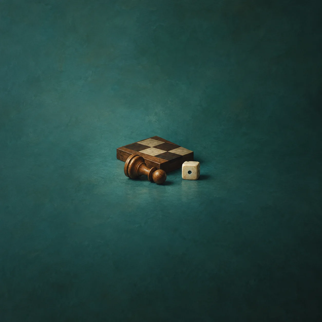 A toppled wooden pawn beside a single die and a small corner of a chessboard on a teal background.