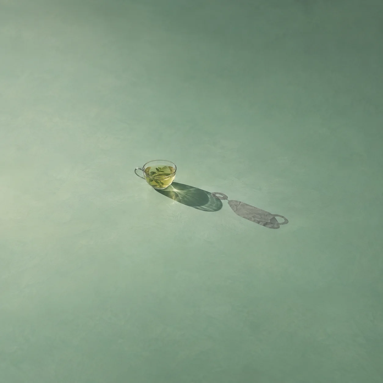 A glass teacup casting a dark shadow and a fainter cup-shaped shadow beyond it on a pale green surface.