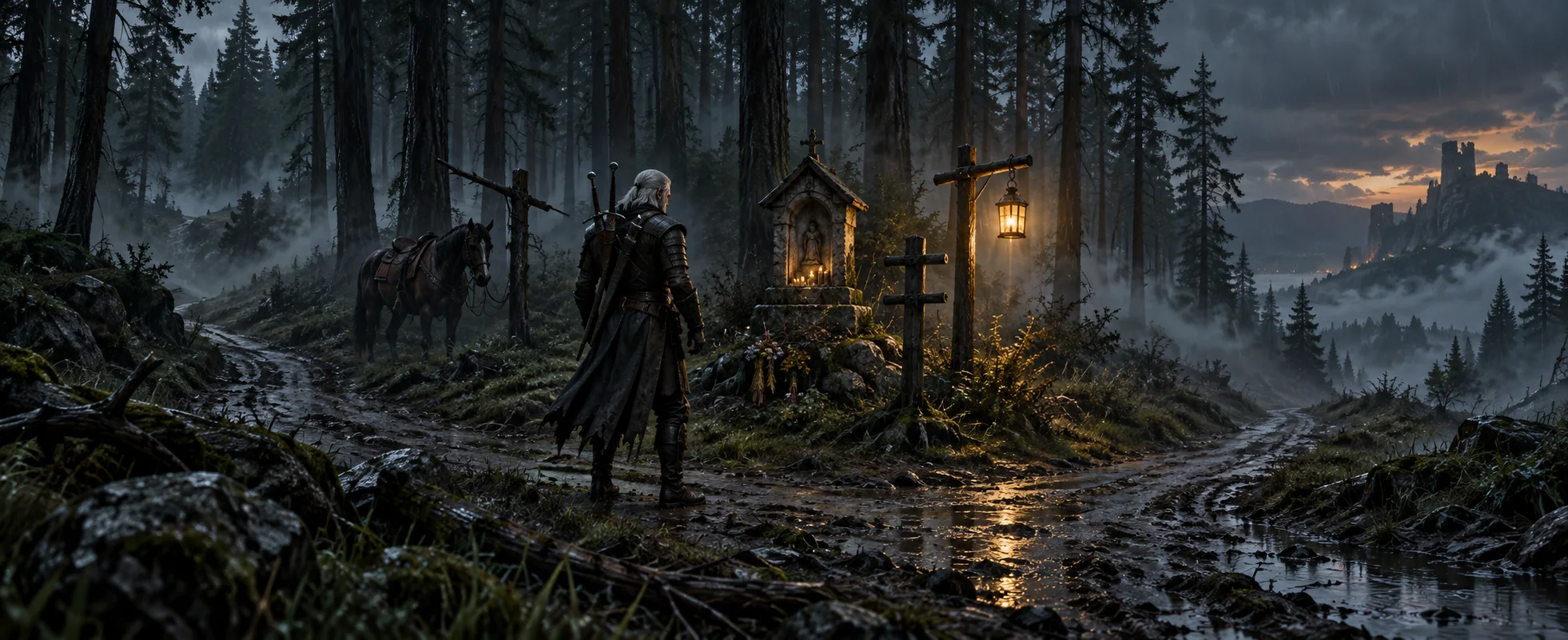 A white-haired swordsman with two blades on his back stands at a foggy forest crossroads by a lantern-lit wayside shrine at dusk.