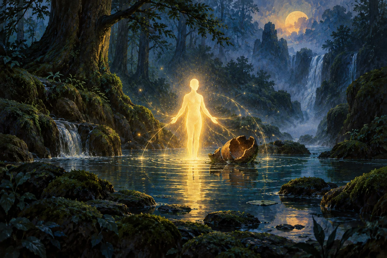 A golden figure of light stands in a woodland pool beside a broken shell, with glowing arcs connecting it to the water.