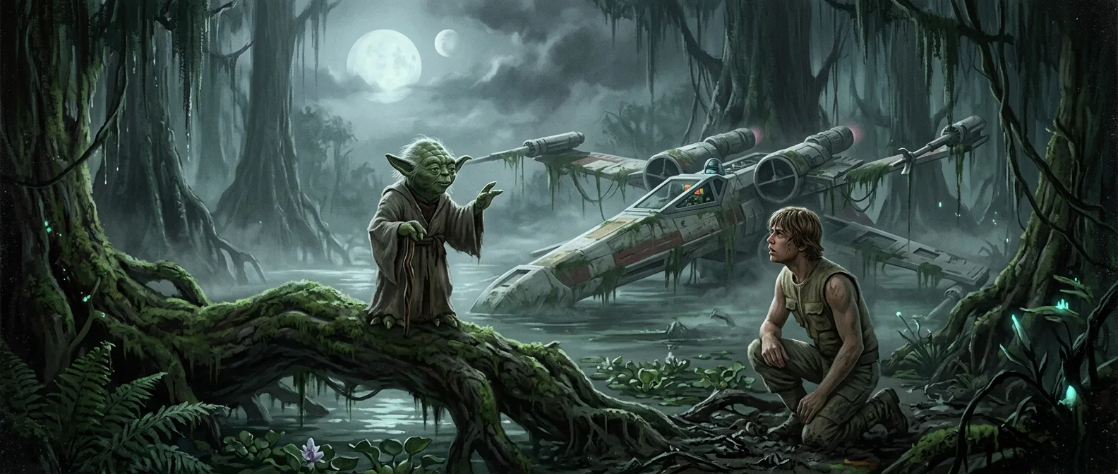A tiny green hermit with long ears raises a hand on a mossy root beside a kneeling young pilot as a white starfighter lies half sunk in a misty swamp.