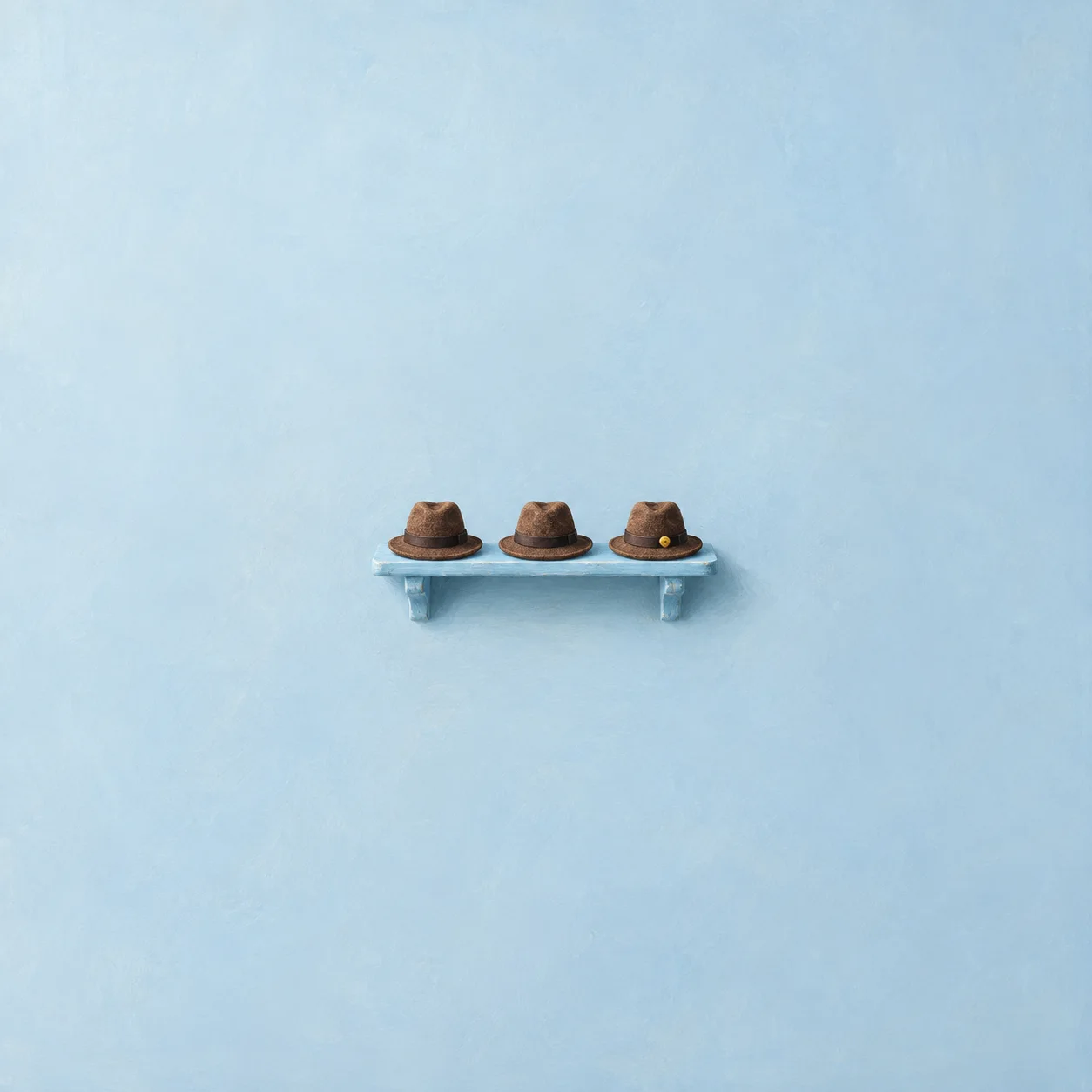 Three brown felt hats in a row on a pale blue shelf, the last with a yellow pin.