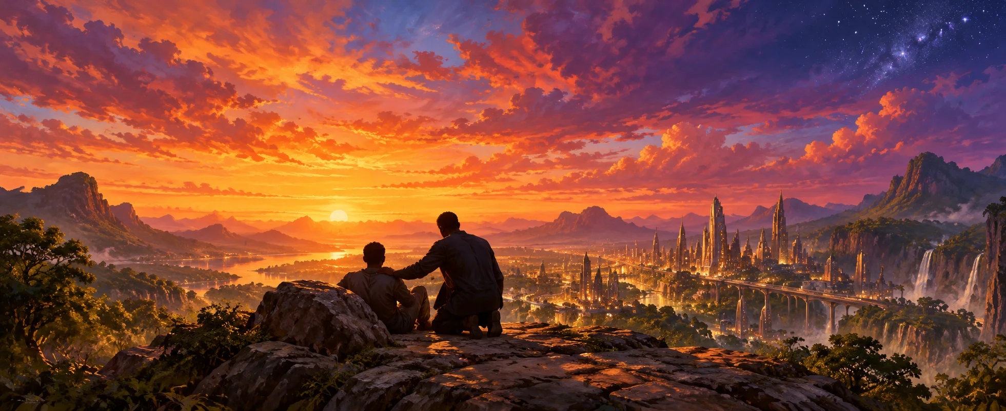 Two men sit on a cliff at sunset looking over a hidden, glittering African city among waterfalls.