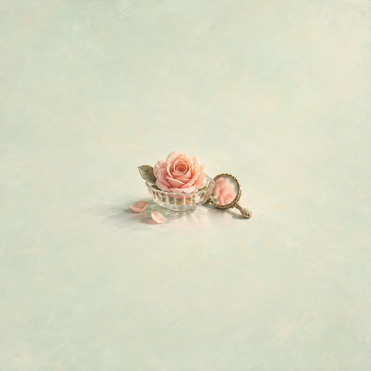 A peach-pink rose rests in a small glass dish beside a round hand mirror and loose petals.
