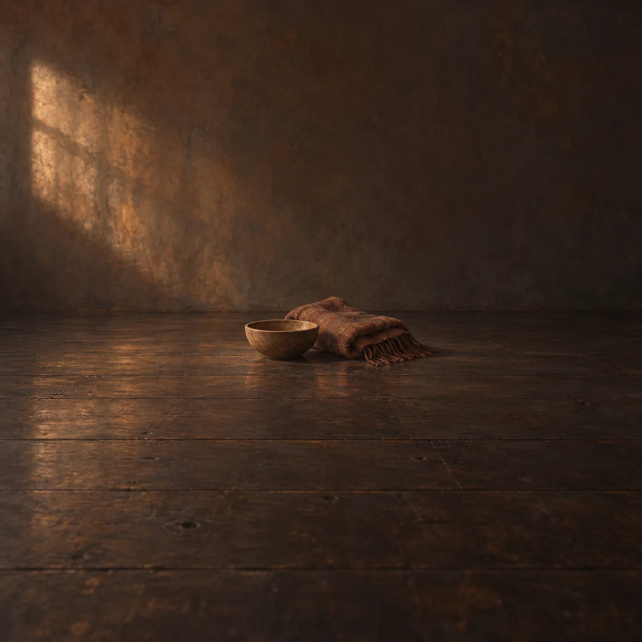 Painterly empty wooden bowl beside a folded brown blanket on a dark timber floor.