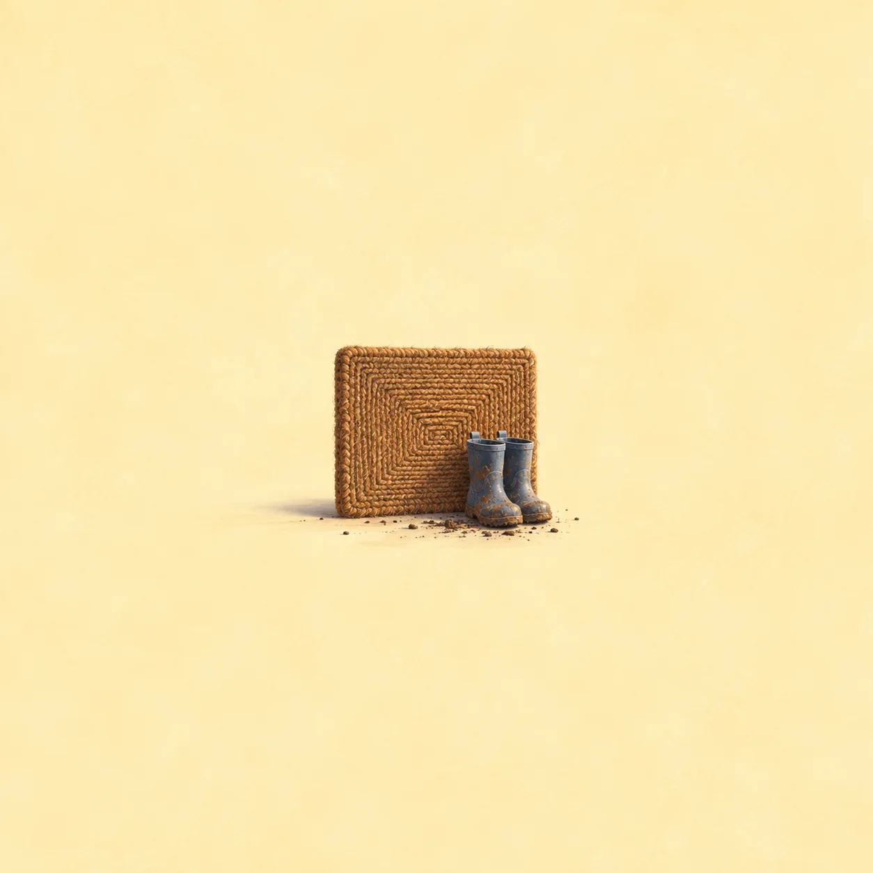 An upright woven doormat with muddy blue boots and scattered soil in front on a yellow background.