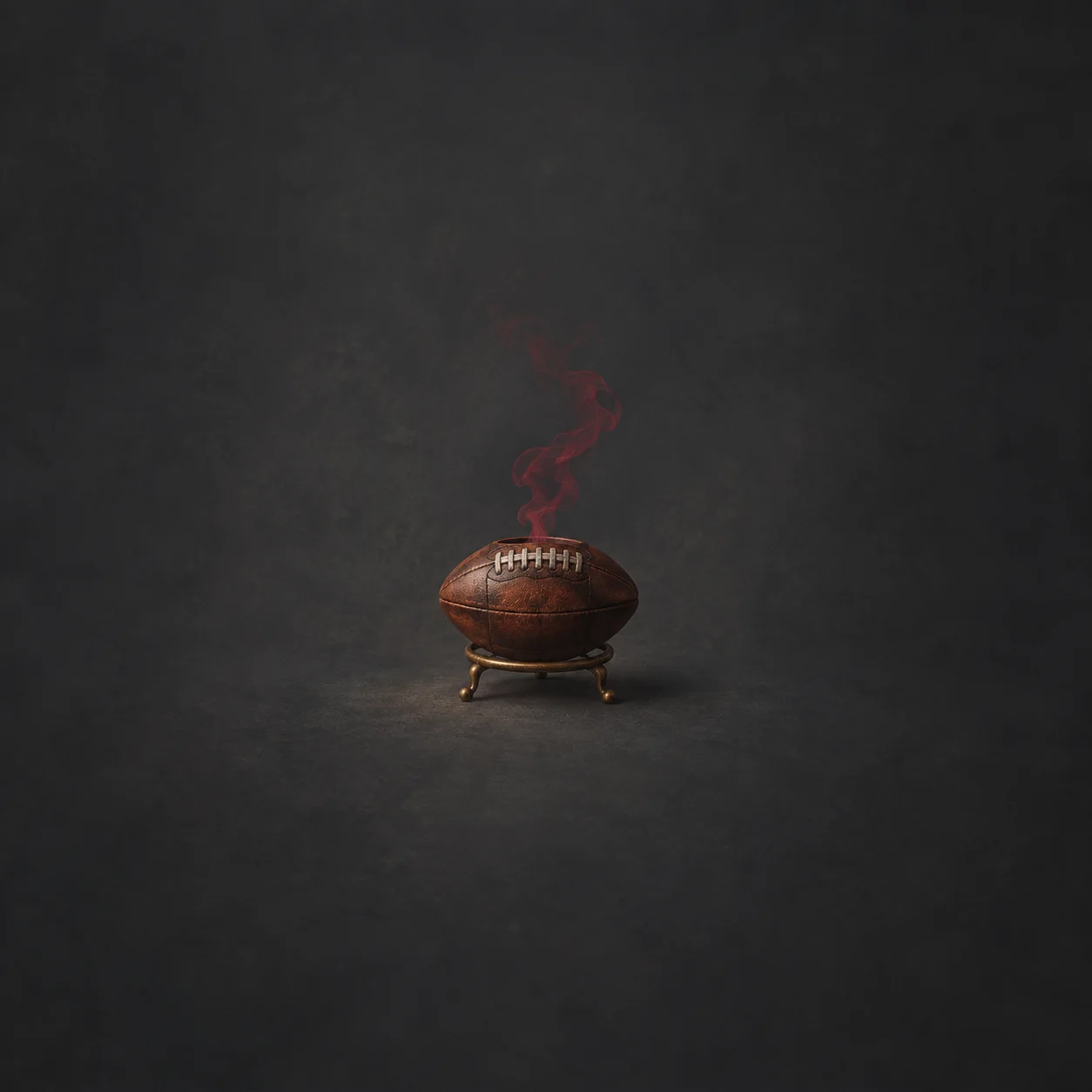 A brown American-football-shaped pot releases curling dark-red smoke while resting on a brass stand against charcoal.
