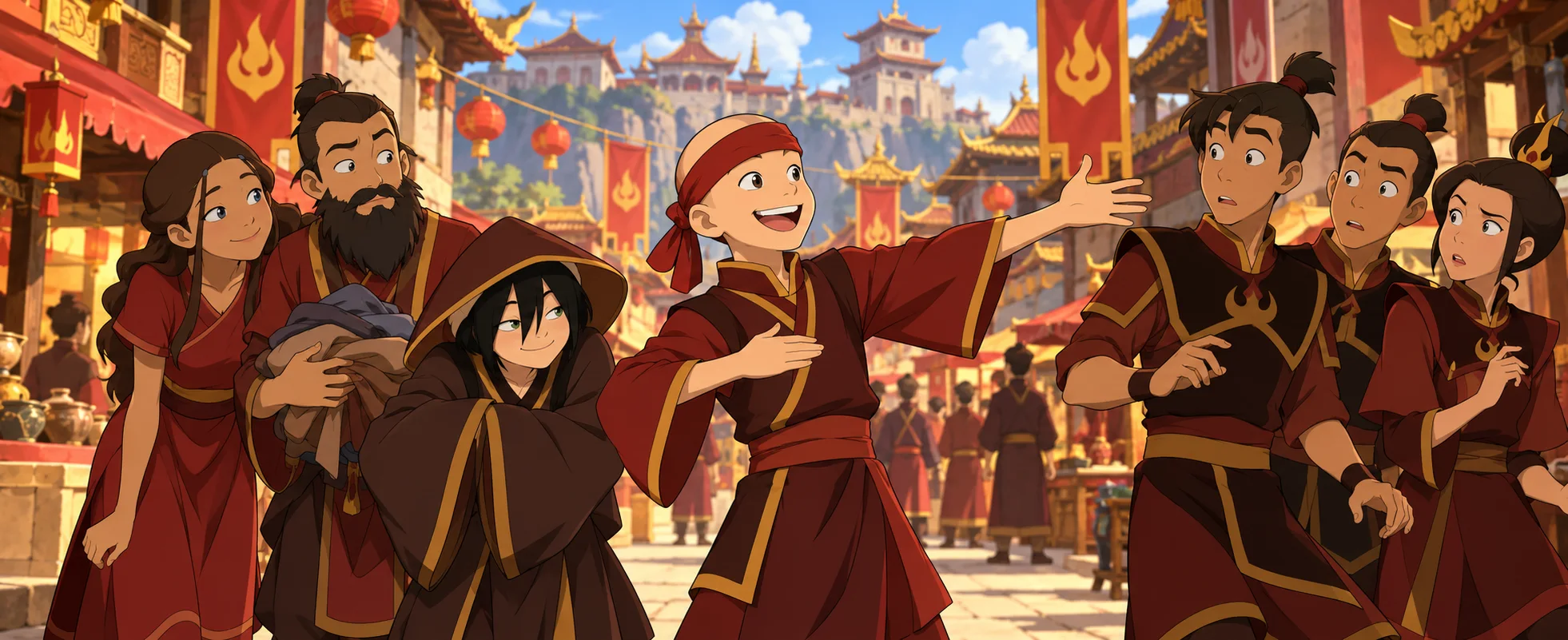 A grinning bald boy in a red headband and Fire Nation school clothes greets puzzled teenagers on a festive red-and-gold street as his disguised friends cringe.