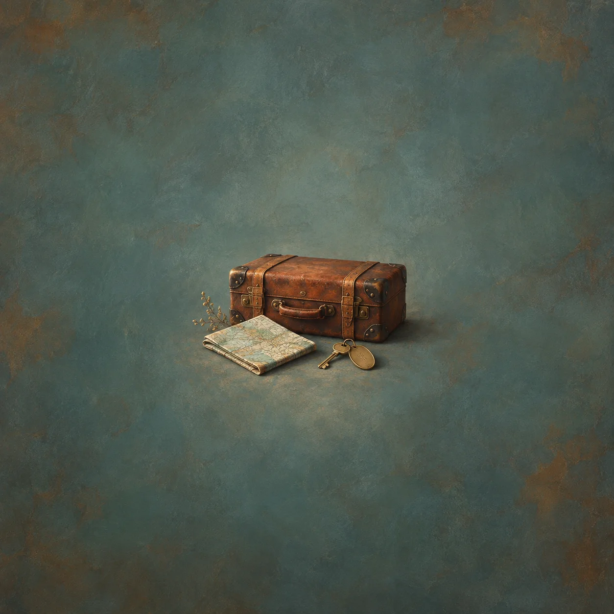 Painterly worn leather suitcase beside a folded map and brass key on teal.