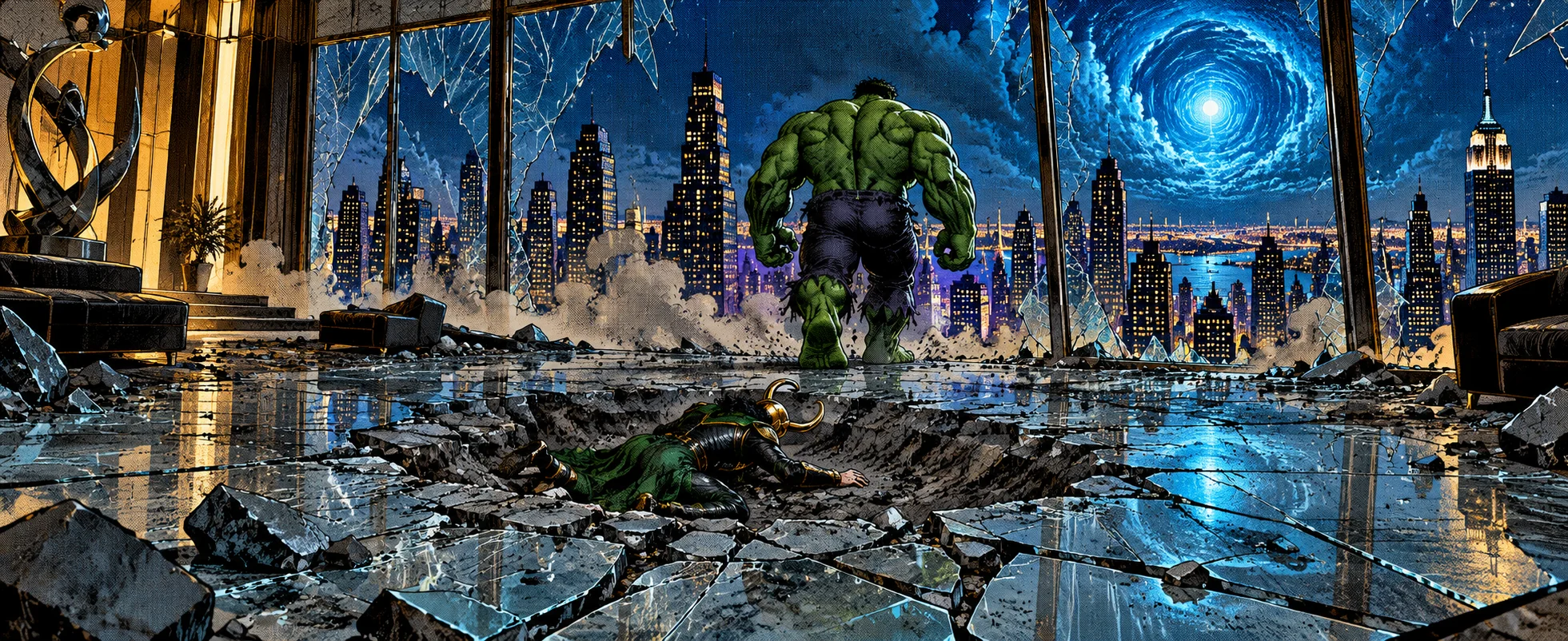 A green giant stands in a wrecked penthouse, a small figure lying in a crater smashed into the floor.