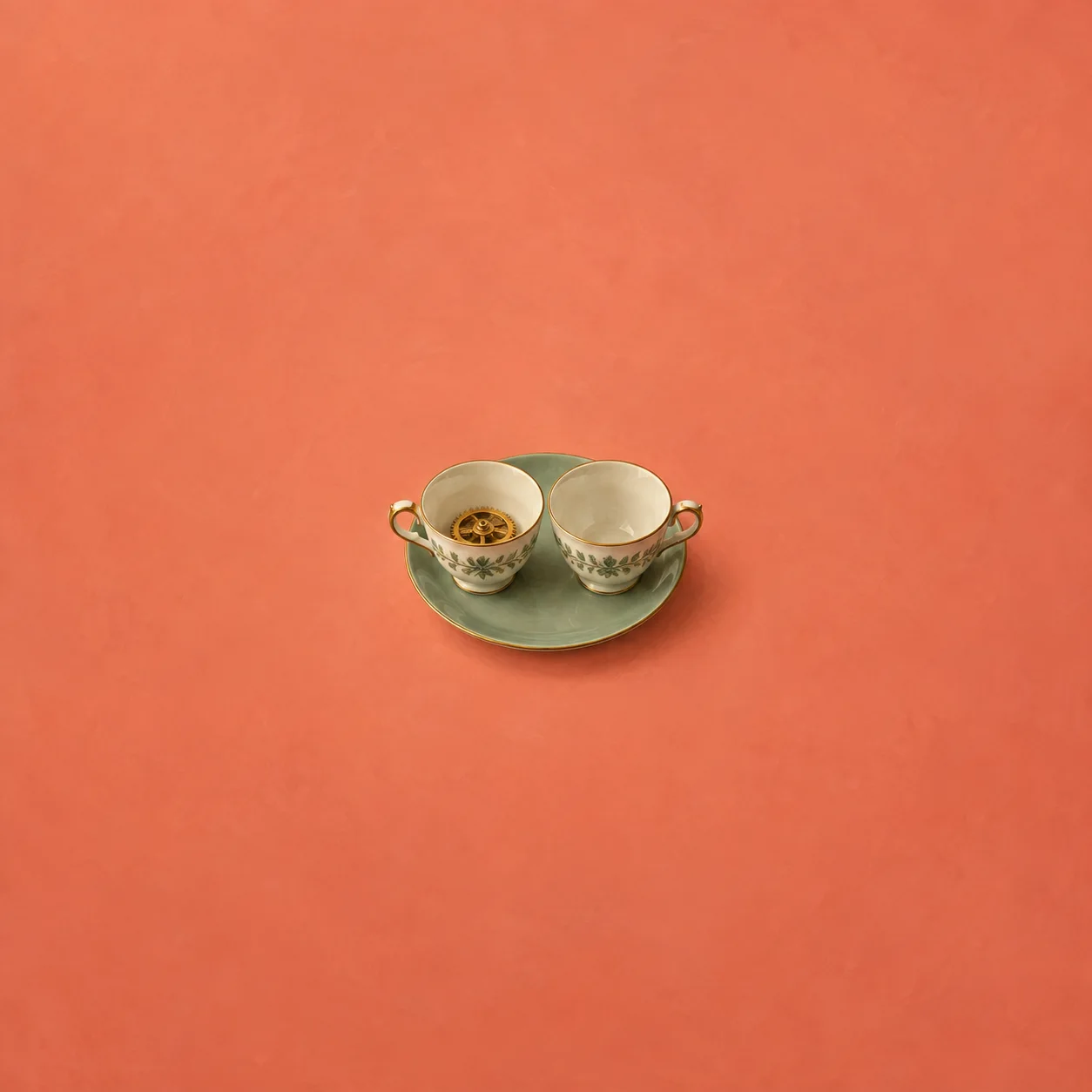 Two matching floral teacups rest on a green saucer, one containing a brass gear and the other empty.