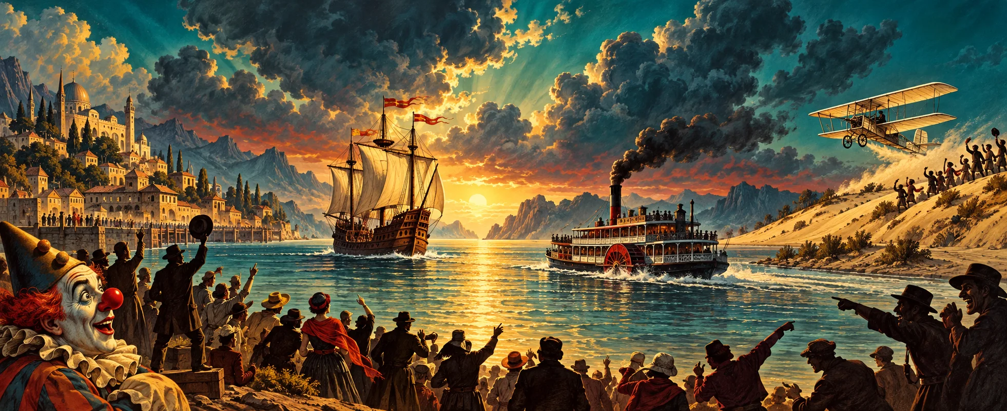A crowd on the shore jeers and points at a caravel, a paddle steamer and an early biplane setting out across a bright harbour, a clown among them.