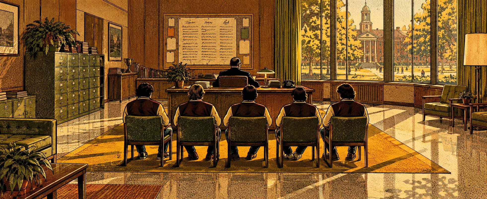 A row of college pledges in letterman jackets, seen from behind, sit on chairs before a dean at his wide desk in a wood-panelled 1970s office, tall windows looking onto a sunny campus.
