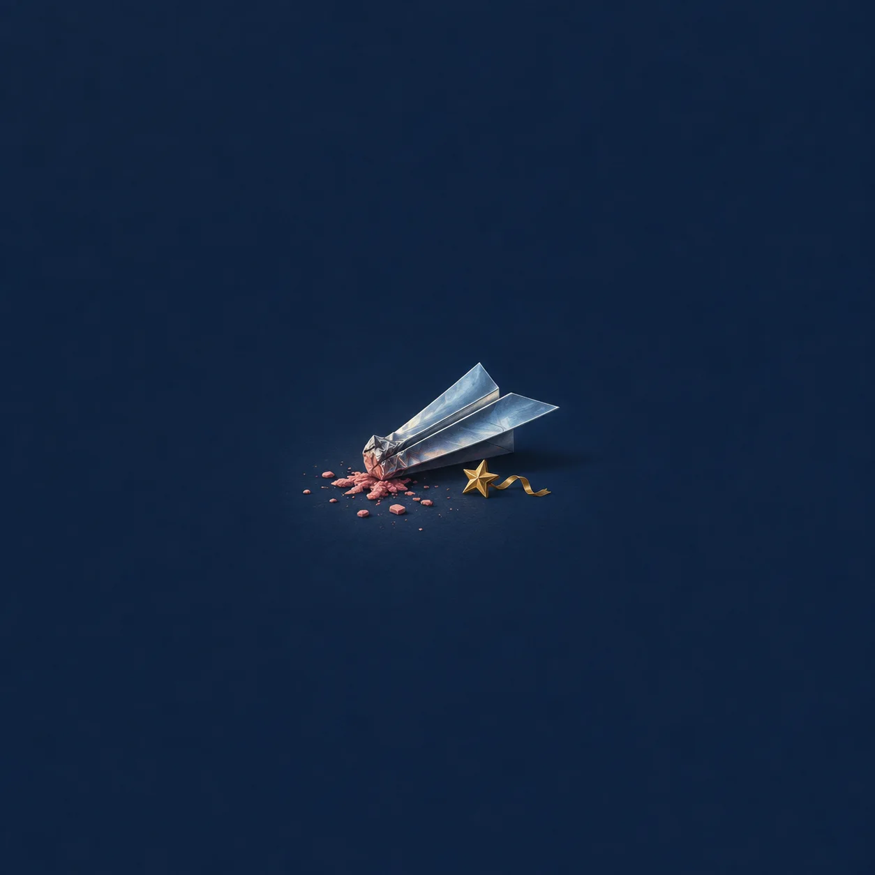 A silver-blue paper airplane with a crumpled nose in eraser shavings beside a small gold ribbon.