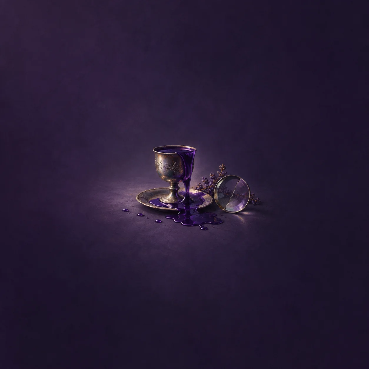 A pewter goblet spilling violet ink onto a saucer beside a cracked glass lens on a dark purple background.