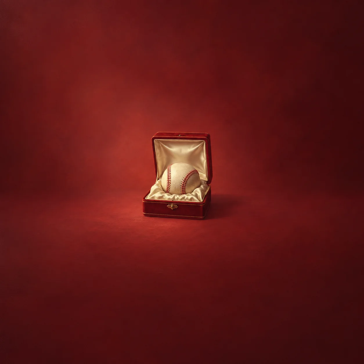 A baseball rests inside an open jewelry box lined with red satin and pale fabric.