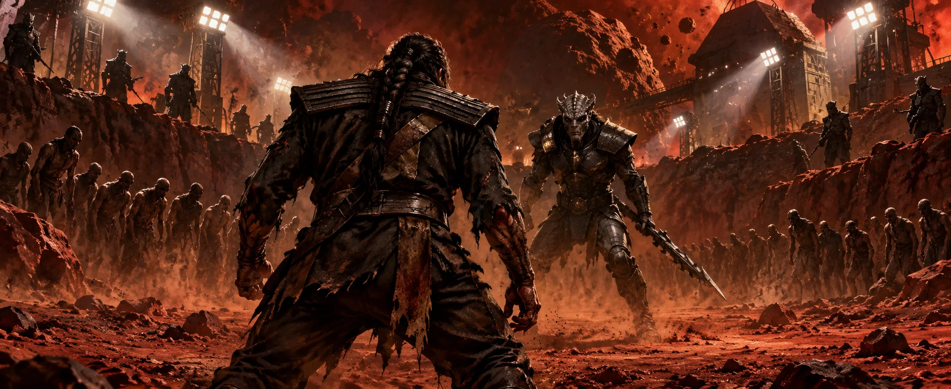 A battered Klingon in a ragged uniform faces an armoured, horn-ridged soldier in a floodlit rock arena ringed by prisoners on a red asteroid.