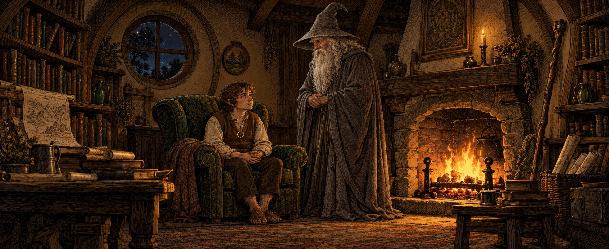 A worried young hobbit sits by the fire in a cosy round study as a tall grey wizard in a pointed hat stands beside him.
