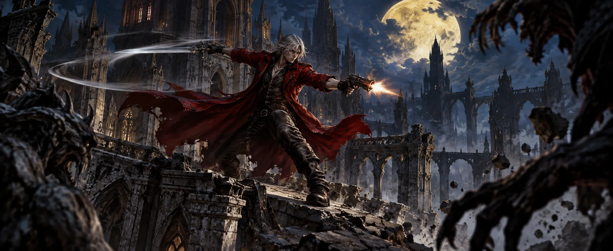 A white-haired gunslinger in a red coat fires two pistols among gothic ruins under a full moon.