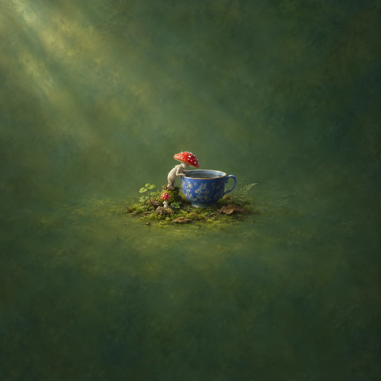 A red-spotted toadstool bends over a blue teacup in a small mossy woodland scene.