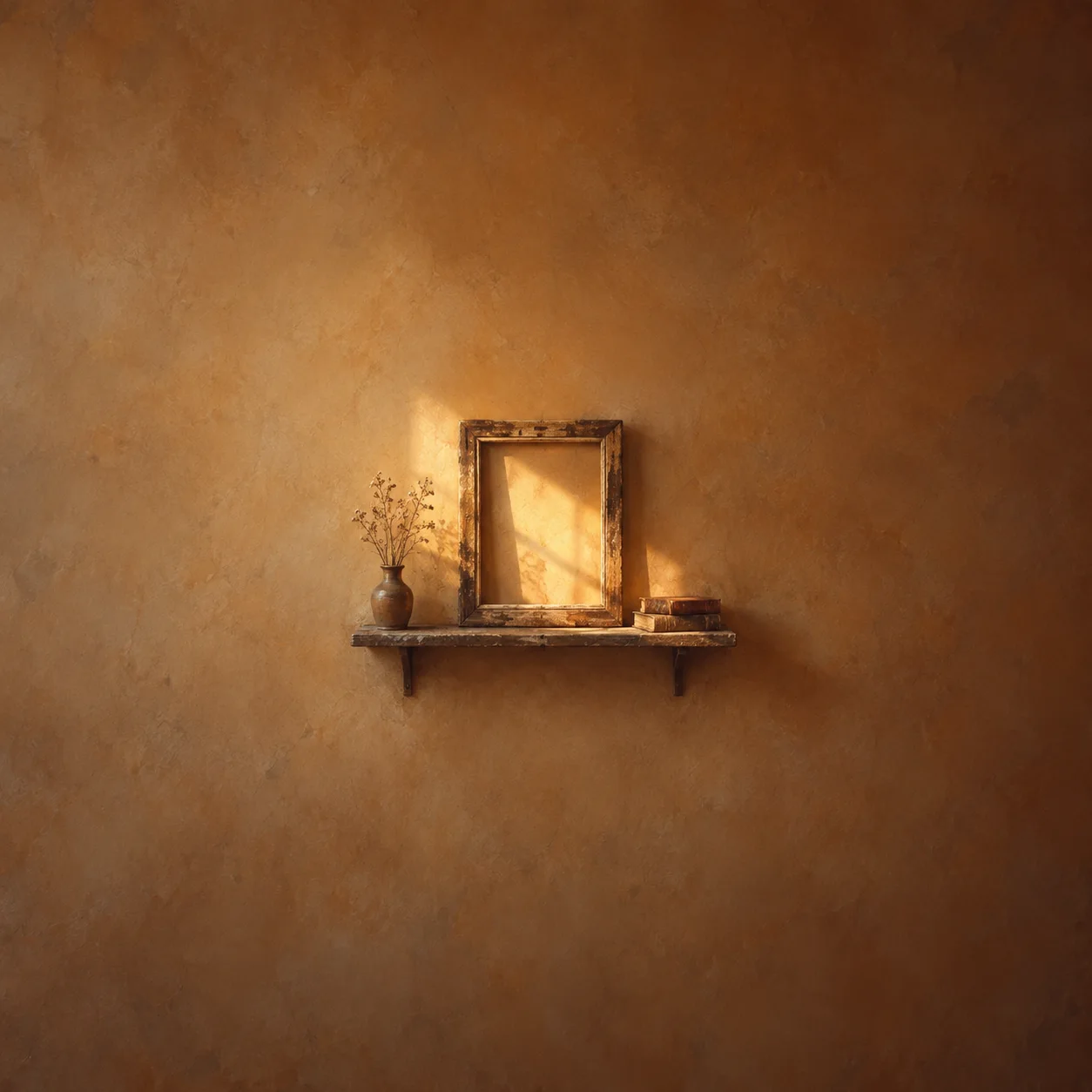 An empty weathered wooden frame stands on a shelf between dried flowers and books in warm amber light.