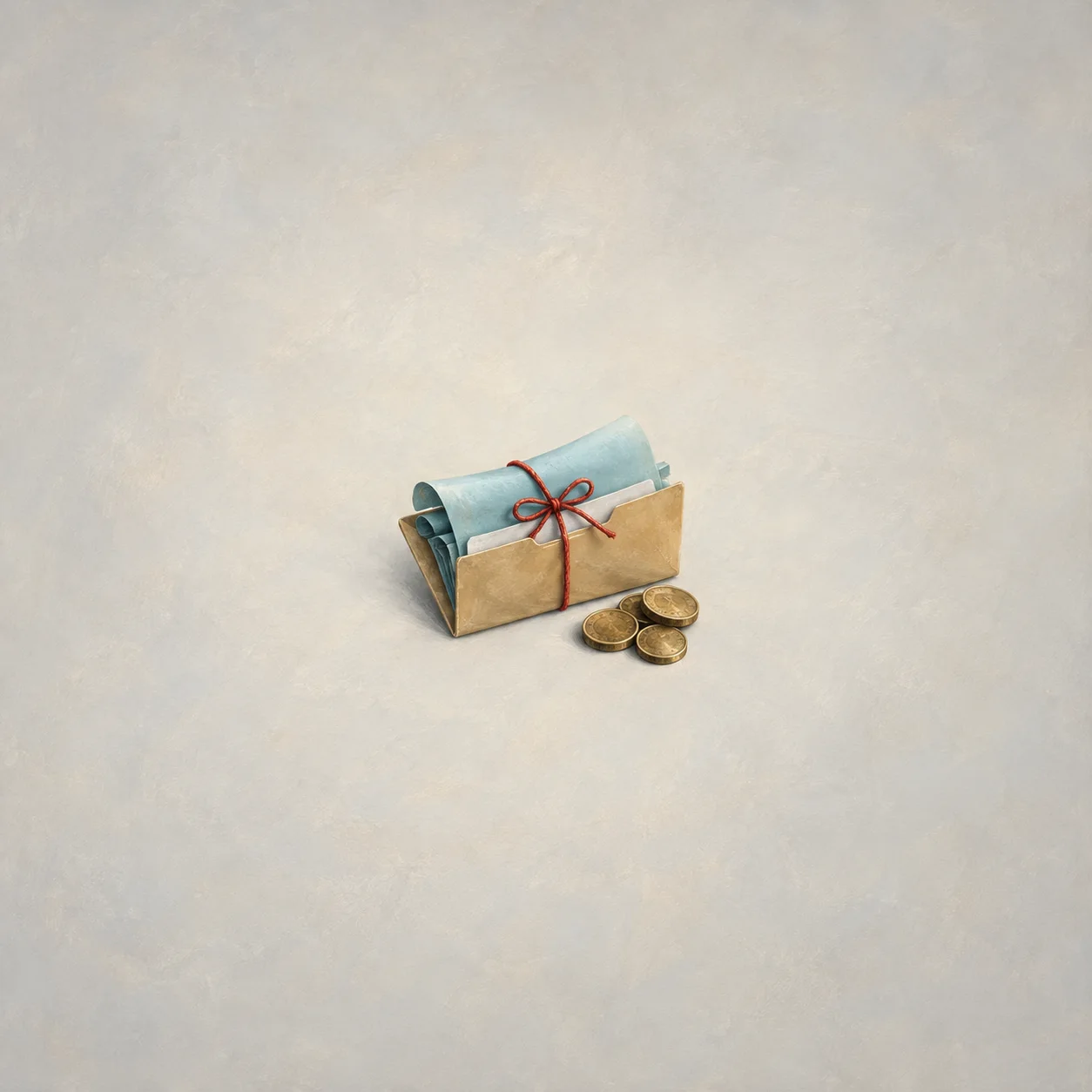 Rolled pale-blue plans tied with red string sit in a manila folder beside three coins on cream ground.