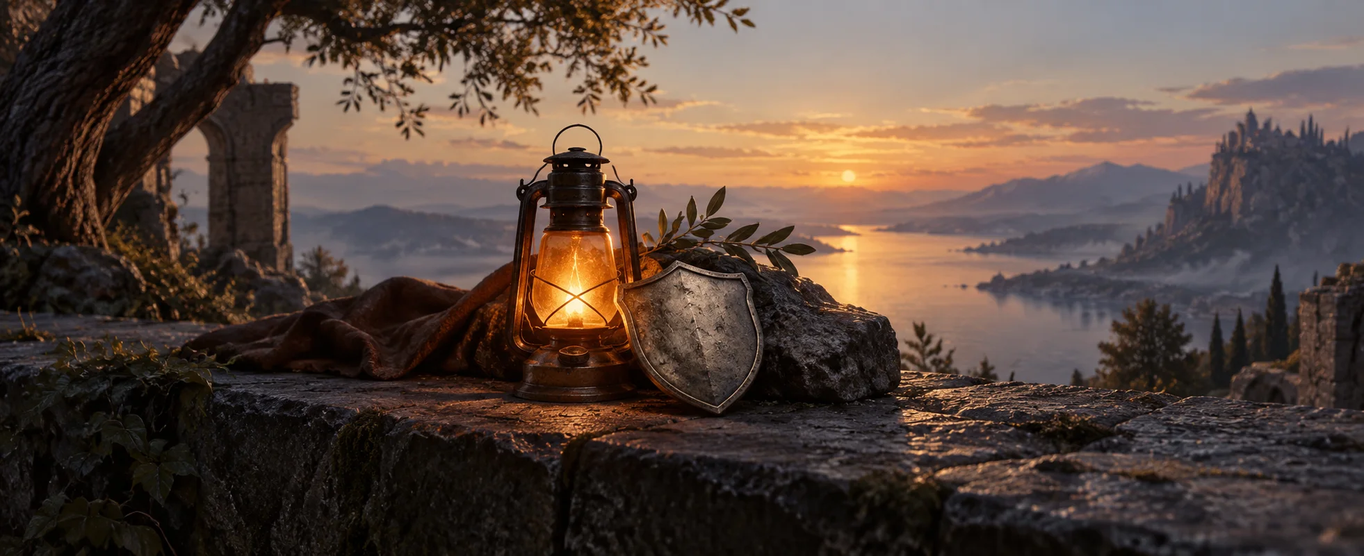 An amber lantern glows beside a worn metal medallion on a dark stone ledge beneath a pale horizon.
