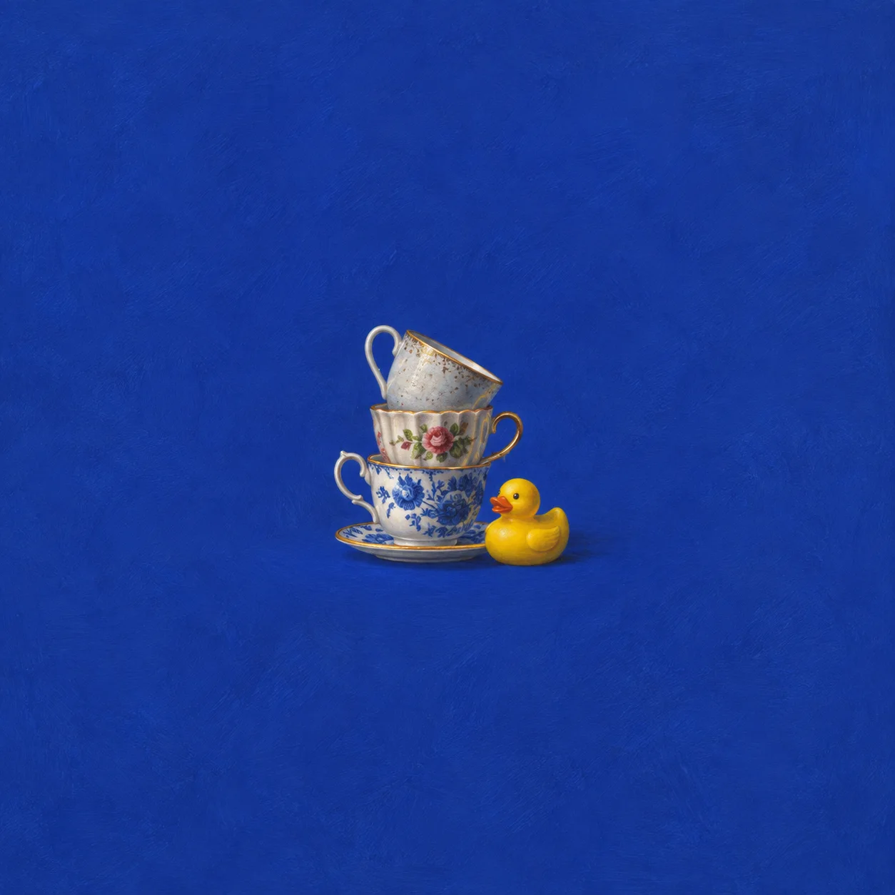 Three mismatched floral teacups form a leaning stack beside a yellow rubber duck.