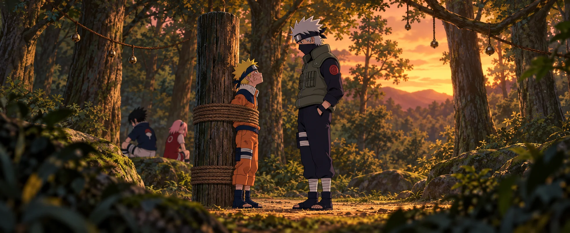 Anime illustration: a blond boy in orange is tied to a wooden post in a sunset forest glade, looking up at a tall masked, silver-haired man in a green vest, while a dark-haired boy and a pink-haired girl sit on a mossy rock behind.