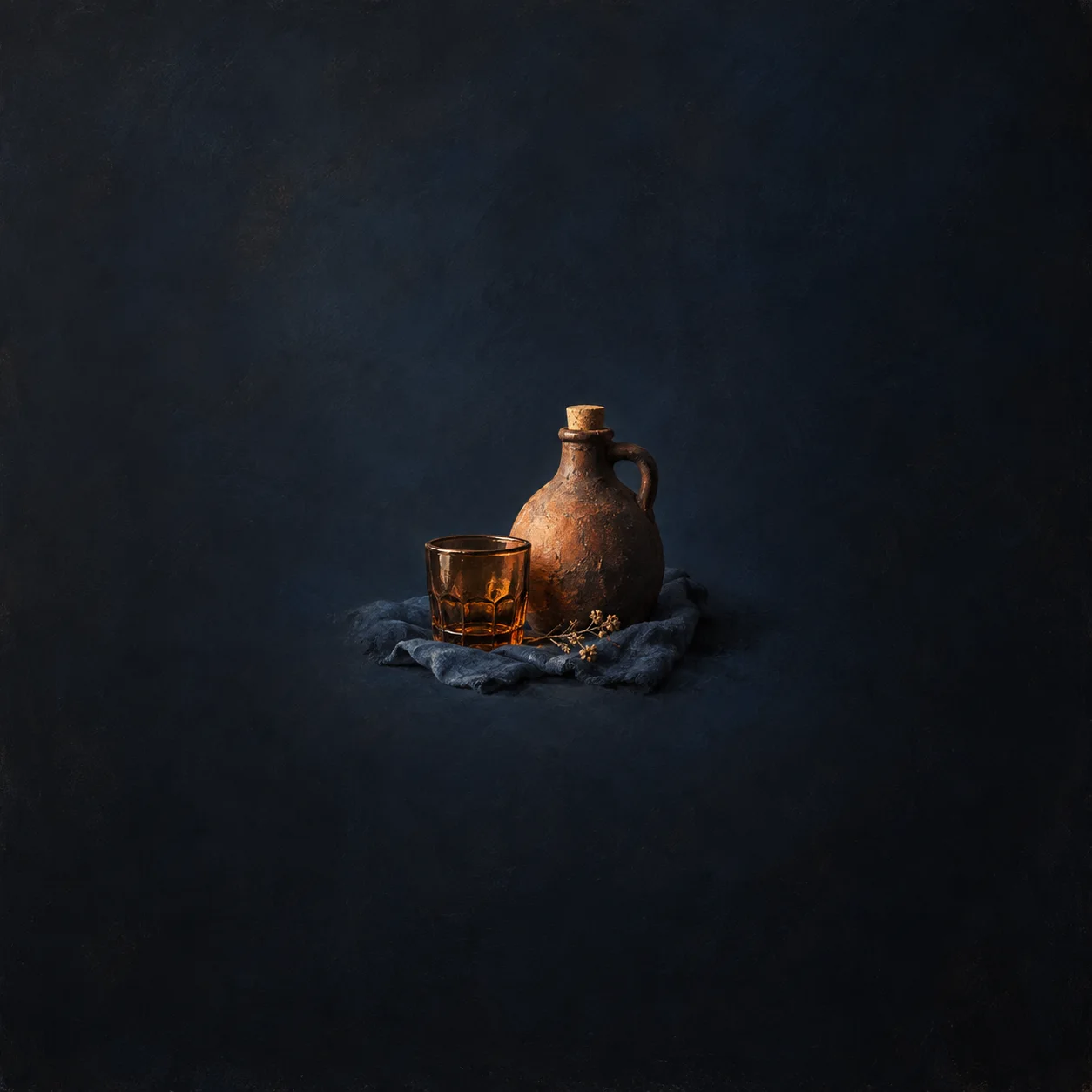 An amber tumbler stands beside a corked earthenware jug on dark blue cloth.
