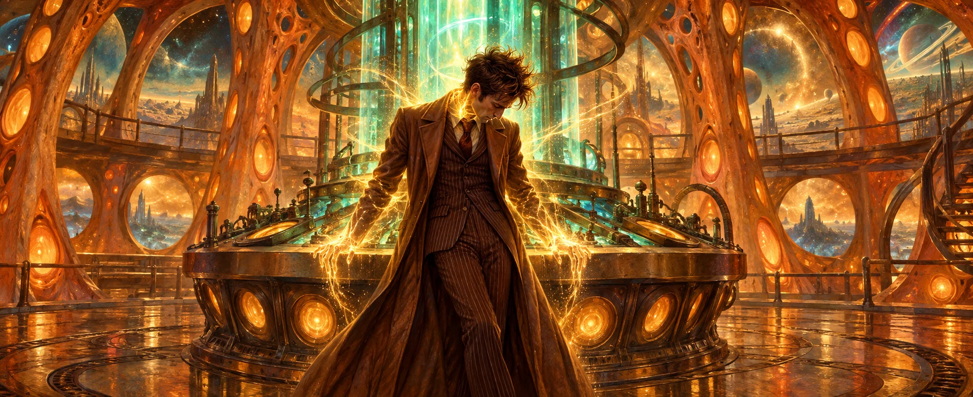 A man in a brown pinstripe suit and long coat leans on a glowing time-machine console in an amber, coral-pillared control room as golden energy streams from his hands.