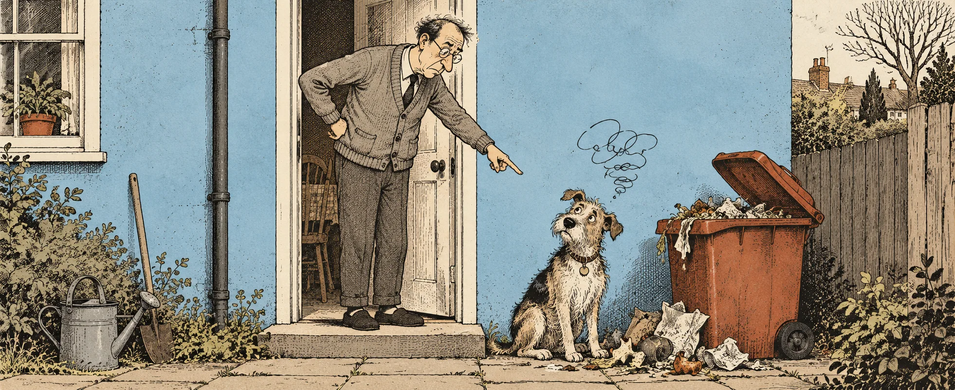 A man in a cardigan points and scolds from his doorway as a scruffy dog sits beside a tipped-over bin.