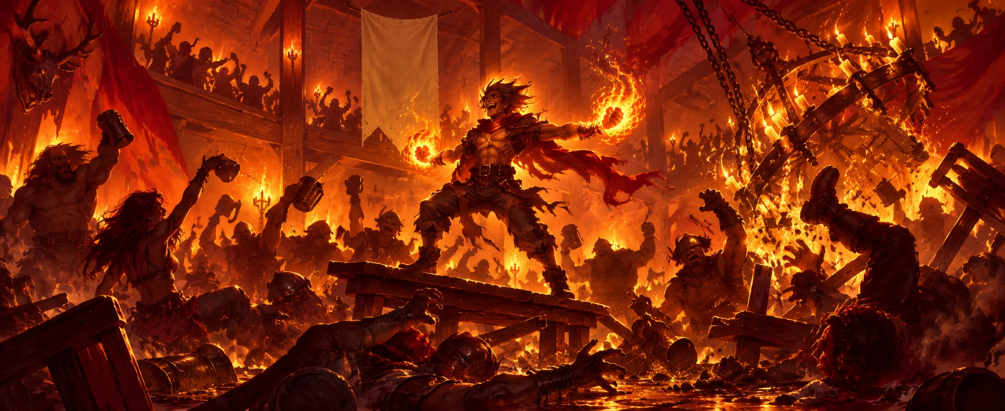 A young fighter wreathed in flames raises a fiery fist in a wrecked, rowdy guild hall.