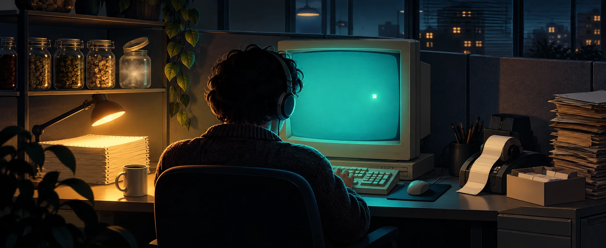 A programmer in headphones works at a beige computer with a glowing teal screen in a late-night cubicle stacked with printouts.