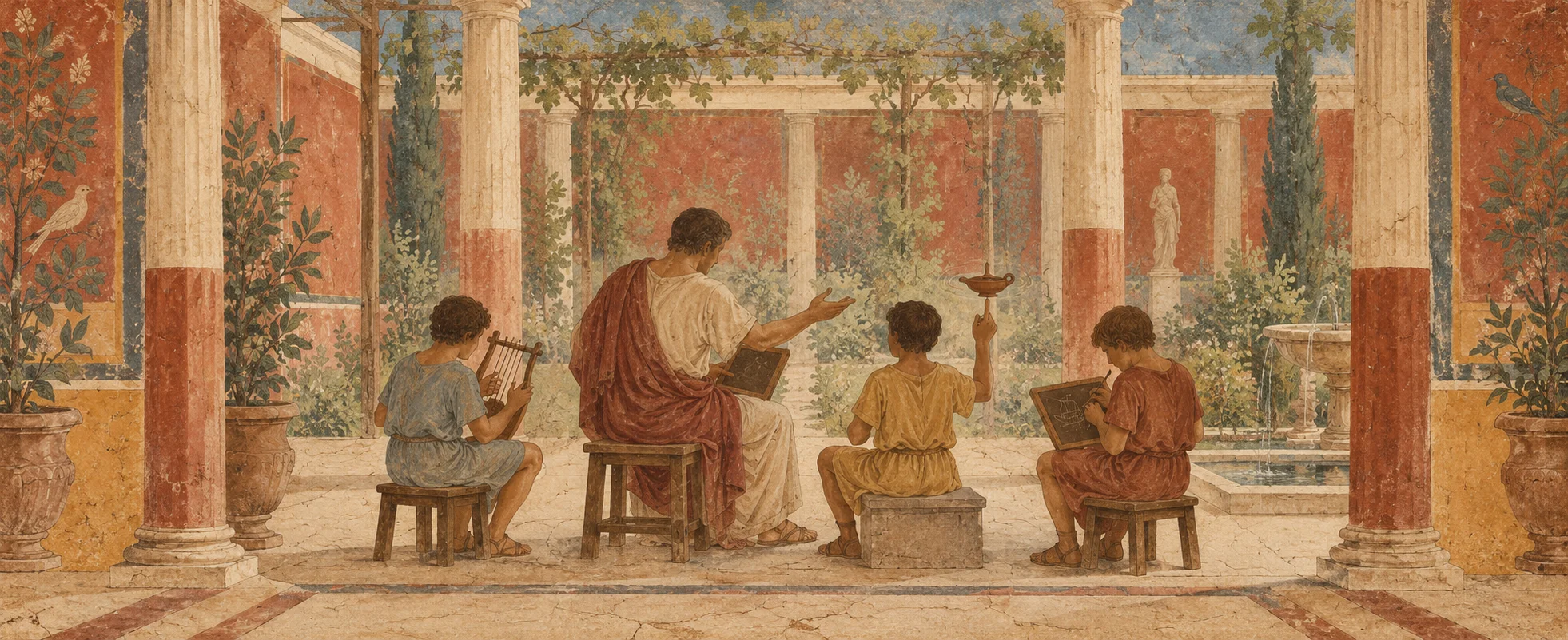 In the colonnaded courtyard of a Roman house, a teacher in a red toga sits among boys in tunics, one playing a small lyre, another holding up a clay lamp and a third bent over a wax tablet.