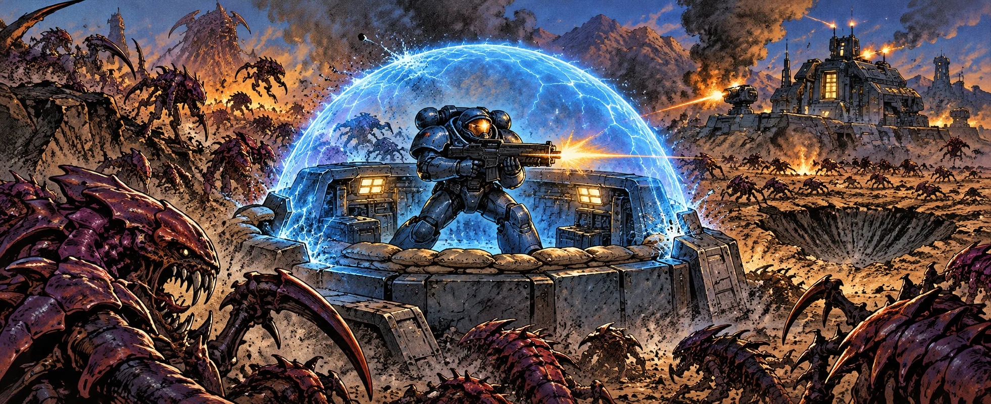 A space marine in blue power armour fires from a sandbagged bunker wrapped in a crackling blue energy dome as hordes of clawed alien creatures swarm around it.