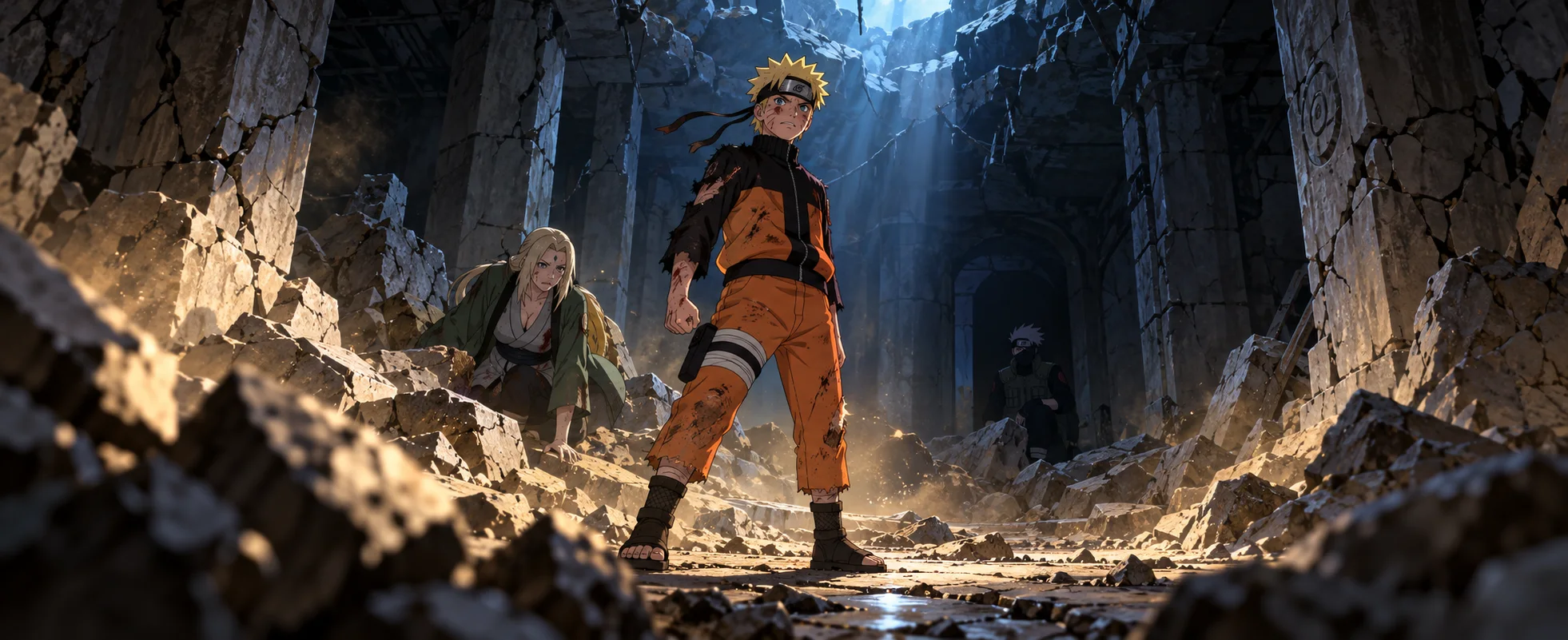 Anime illustration: a battered, spiky-haired young ninja in a torn orange tracksuit stands in the collapsed ruins of a stone hall, with a wounded blonde woman in a green coat crouched behind him and a masked silver-haired man in the shadows beyond.