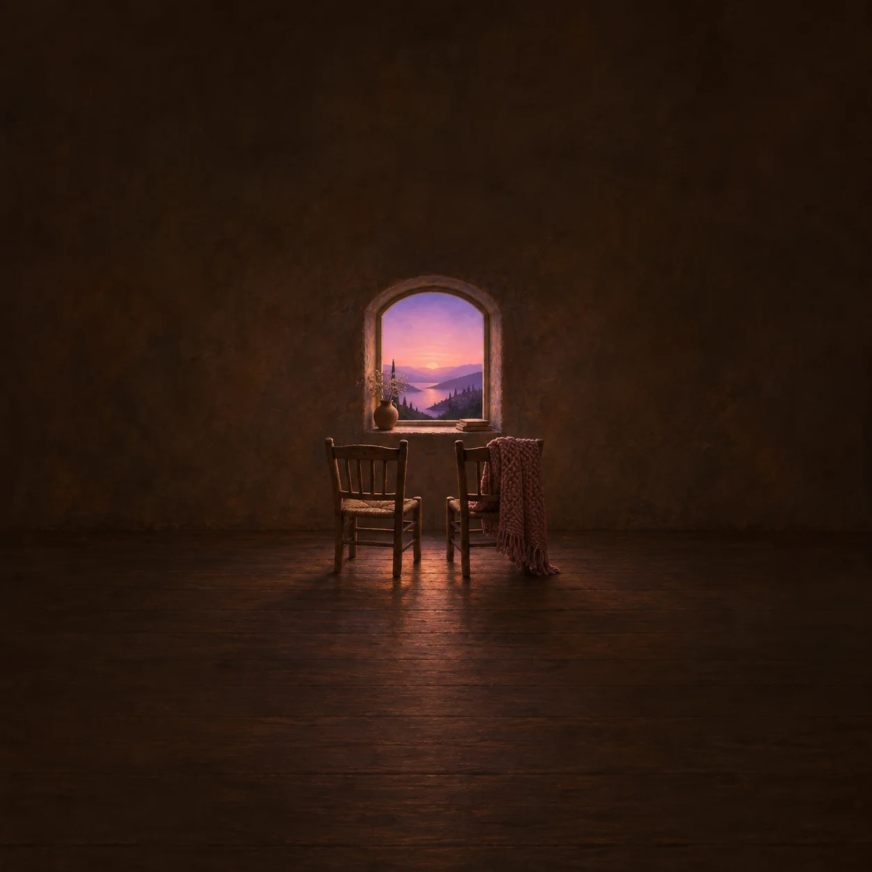 Two wooden chairs face an arched window overlooking a violet sunset, with a patterned throw on one chair.