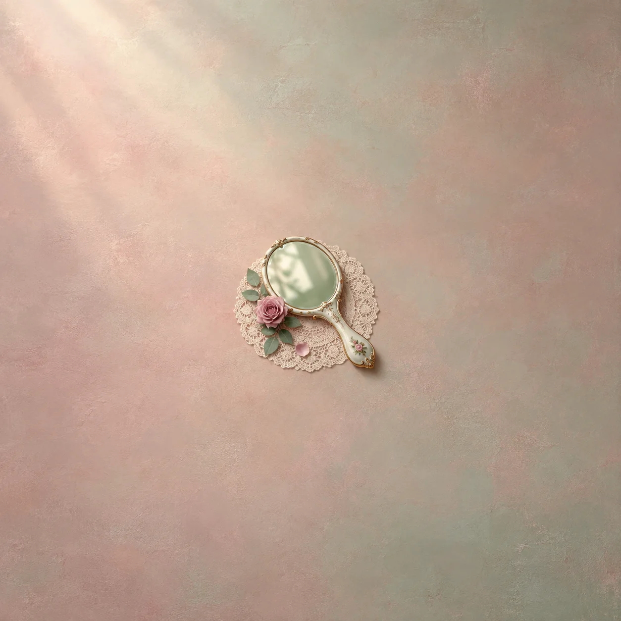 A porcelain hand mirror reflects pale green light beside roses and lace.
