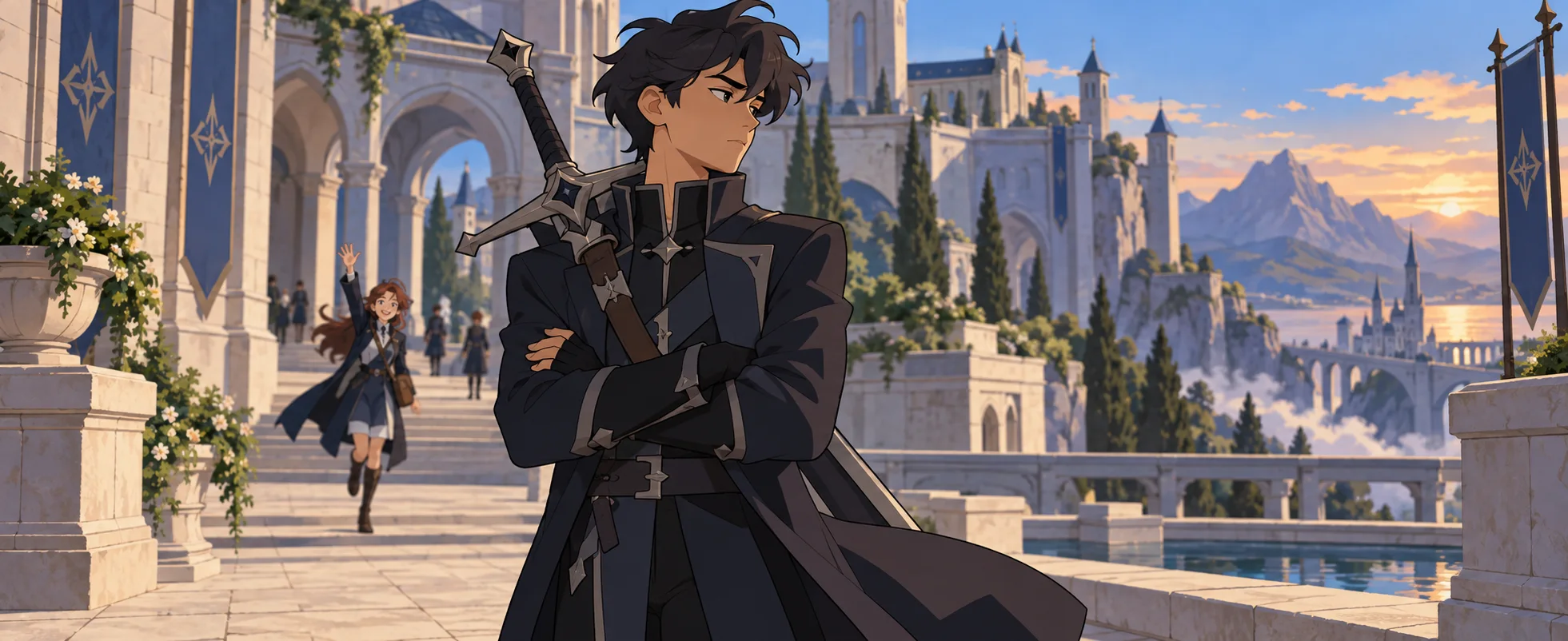 A brooding young man in a black coat folds his arms on a sunny academy terrace as a girl runs toward him.