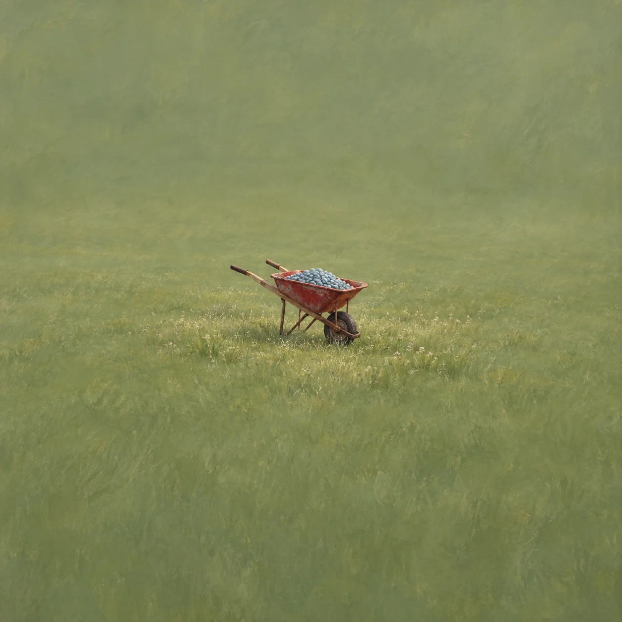 A red wheelbarrow filled with blue-gray pebbles standing in a grassy field.