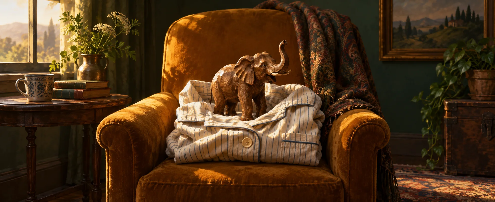 A tiny carved wooden elephant stands inside a folded pair of cream striped pyjamas on an amber chair.